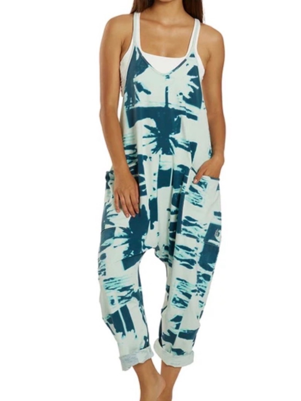 FP Movement Printed Onesie Jumpsuit Mint Navy Palm Tree Size M